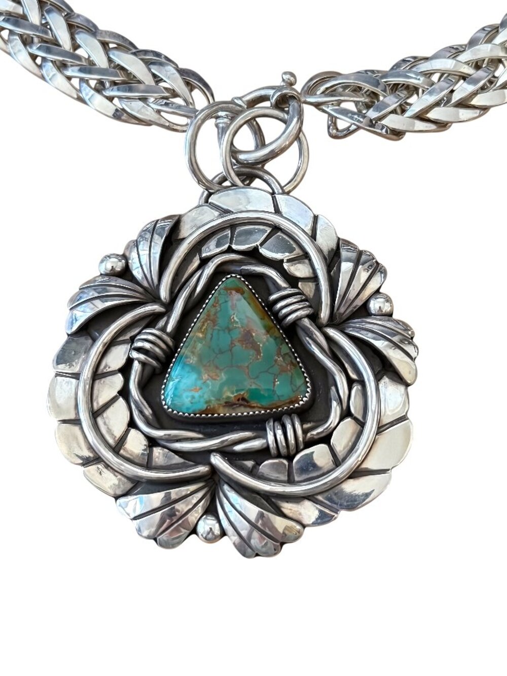 Hi West Silver Barbed Wire Leafy Amulet With Vintage Braided Chain